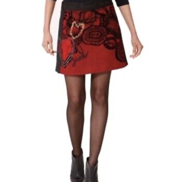 Desigual Women’s Tweed Skirt Size 34 Red Black Paisley Velvet Patterned Artsy - Picture 3 of 5